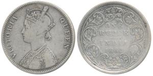 Victoria Queen, Silver Rupee, 1862, A / II / 0 / 11 (Prid 94). About Very Fine, Rare.