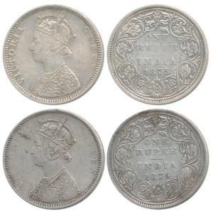 Victoria Queen, Silver Rupee (2), 1875, Bombay Mint, C / 1 / II / dot; A2 / II / No mint m