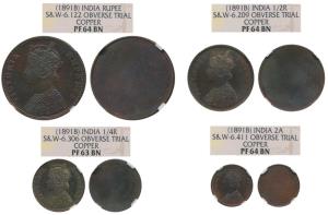 Victoria Empress, Original Uniface Copper Trial Set, Rupee, ½ Rupee, ¼ Rupee, 2 Annas, all