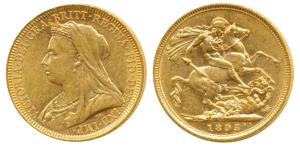 Australia, Victoria, Gold Sovereign, 8g, 1895, veiled head, St. George slaying a dragon on