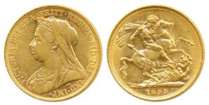 Australia, Victoria, Gold Sovereign, 8g, 1899, veiled head, St. George slaying a dragon on