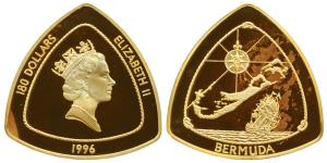 Bermuda, Elizabeth II, Gold Proof Triangle $180, 155.52g, .999 fine, 1996, a map of the is