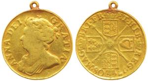 Great Britain, Anne, Gold Guinea, 8.02g, 1708, English and Scottish shield halved on rev. 