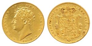Great Britain, George IV, Gold ½ Sovereign, 3.9g, shield on rev., 1827 (KM 700). Extremely