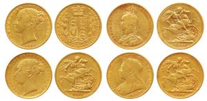 Great Britain, Victoria, Gold Sovereign (4), 8g each, 1864, 1885, 1889 and 1899, three dif