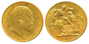 Great Britain, Edward VII, Gold Sovereign, 8g, 1910, St. George slaying a dragon on rev. (