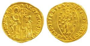 Venice - Italy, Gold Venitian Ducat, 3.5g, obv. Saint Marco standing right, presenting ban