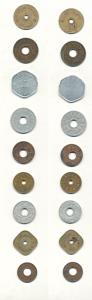 Canteen Tokens (9) of Bombay Mint, Calcutta Mint and Hyderabad Mint, different denominatio