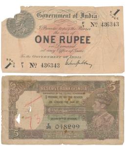 George V, Rupee 1, 1917, signed M. M. S. Gubbay; George VI, Rupees 5, 1938, J. B. Taylor (