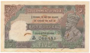 George V, Rupees 5, 2nd issue, 1934, signed J. W. Kelly (J&R 5.2). Very Fine, Scarce.