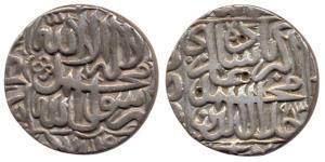 Akbar, Silver Rupee, Agra Mint (mint name off flan), AH 983, Kalima type (KM 80.2). Very F