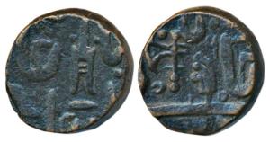 Malharnagar Mint, Copper Paisa, 16g, in the name of Shah Alam II, obv. a vertical katar or