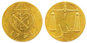 Gold Gilt Copper Proof Pice/4 Reas, 1791, bale mark with date below on obv., Scales on rev