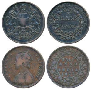Copper ½ Anna, 1835, Madras Mint, A in India aligned, (Prid 133); Victoria Empress, Copper