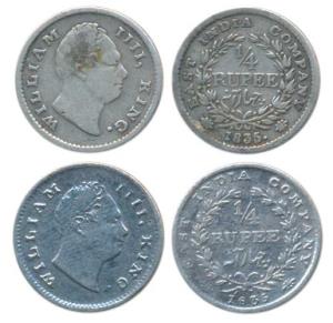 William IV, Silver ¼ Rupee, 1835, Calcutta Mint, Dug out F incuse, Wreath with 18 berries 