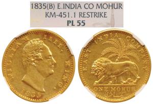 William IV, Gold Proof Restrike Mohur, 1835, Bombay Mint, no initial on truncation, lion a