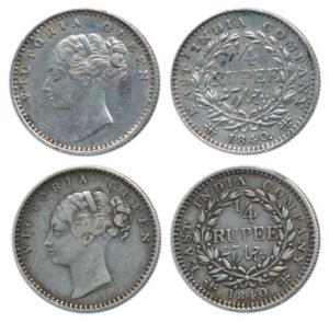 Victoria Queen, Silver ¼ Rupee, 1840, Continuous Legend, Bombay Mint, English Head, 20 ber