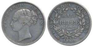 Victoria Queen, Silver ½ Rupee, 1840, Continuous Legend, Probably Bombay Mint, Ribbon worn