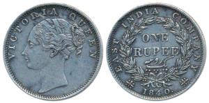 Victoria Queen, Silver Rupee, 1840, Continuous Legend, Bombay Mint, English Head with Modi