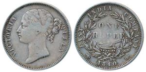 Victoria Queen, Silver Rupee, 1840, Divided Legend, Calcutta / Bombay Mint, WW raised, let