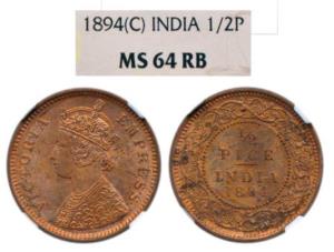Victoria Empress, Copper ½ Pice, 1894, Calcutta Mint. Graded by NGC MS 64RB.