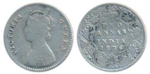 Victoria Queen, Silver 2 Annas, 1876, Calcutta Mint, A I, No mint mark, (Prid 490). Fine+,