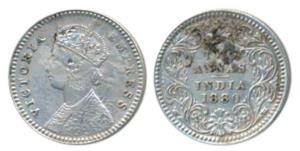 Victoria Empress, Silver 2 Annas, 1880, Calcutta Mint, B / II / C incuse (Prid 495). About