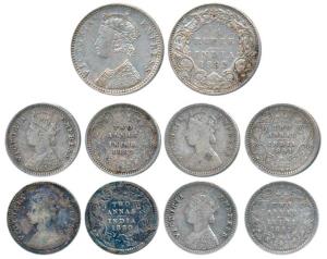 Victoria Queen, Silver ¼ Rupee, 1892; 2 Anna 1880, (1), 1887, (1), 1891, (1) & 1897. The f