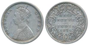 Victoria Queen, Silver ½ Rupee, 1874, Bombay Mint, B2 II, Dot, (Prid 285). Very Fine+, Rar