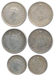 George VI, Silver ½ Rupee (2) and ¼ Rupee, 1938 and 1939, Bombay Mint. Very Fine+. (3)
