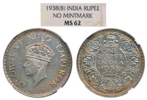 George VI, Silver Rupee, 1938, Bombay Mint, A / I / without Dot, (Prid 233). Graded by NGC