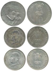 Silver Rupees 10 (2), 1969, Gandhiji Birth Centennial; 1972, 25th Anniversary Indian Indep