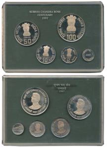 1997 Proof Set, Subhas Chandra Bose Centenary, set of 4, Rupees 2 to 100. In immaculate co