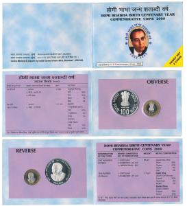 2009 Proof Set, Homi Bhabha Birth Centenary, set of Rupees 10 (bi-metal) and 100. In immac
