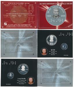 2009 Proof Set, 200th Birth Anniversary of Louis Braille, set of 2, Rupees 2 and 100. In i