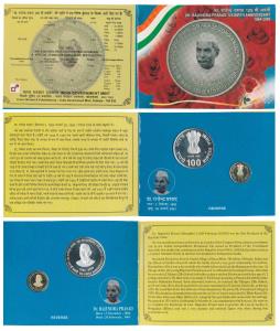 2009 Proof Set, Dr. Rajendra Prasad 125 Birth Anniversary, set of 2, Rupees 5 and 100. In 