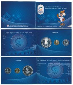 2010 Proof Set, XIX Commonwealth Games Delhi, set of 3, Rupees 2 to Rupees 100. In immacul