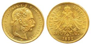 Austria, Franz Joseph I, Gold 8 Florins, 20 Francs, 6.9g, 1892, (KM 2269). Uncirculated.