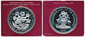 Bahamas 1975, Silver Proof, 10 Dollars, 49.1g, Second anniversary of independence (KM 76a)