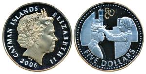 Cayman Islands, Elizabeth II, Silver Proof $ 5, 28.2g, 2006, gold cameo on the bust and ed
