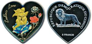 Congo, Silver 5 Francs, 22.4g, 2005, a coin in shape of a heart, coloured coin with cupids