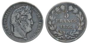 France, Louis Philippe I, Silver 5 Francs, 24.54g, Paris Mint, 1836A (KM 749.1). Very Fine