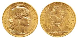 France, Gold 20 Francs, 6.5g, 1910, Liberty on obv. rooster divides value on rev. (KM 857)