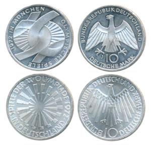 Germany, Silver 10 Mark (2), each 15.5g, 1972 Munich Olympics, FOLRTIS CITIVS ALTIS on edg
