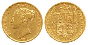 Great Britain, Victoria Queen, Gold ½ Sovereign, 4g, 1874, young head, shield on rev. (KM 