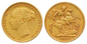Great Britain, Victoria, Gold Sovereign, 8g, 1880, young head, Melbourne Mint, St. George 