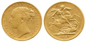 Great Britain, Victoria, Gold Sovereign, 8g, 1887, young head, Melbourne Mint, St. George 