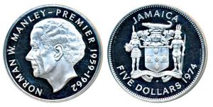 Jamaica, Half Silver 5 Dollars, 37.65g, obv. Norman Manley 1974, (KM 62). Uncirculated.