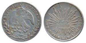 Mexico, Silver 8 Reales, 26.84g, Potosí, 1883, eagle holding a snake in its beak (KM 377).
