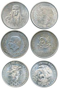 Mexico, Silver 5 Pesos, 27.8g, 1952, eagle holding a snake in its beak; Silver 25 Pesos, 2